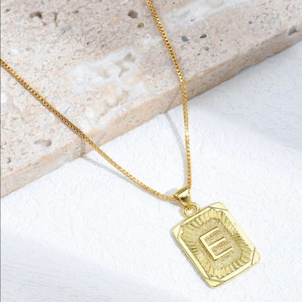 Gold Plated Letter “E” Initial Engraved Charm Tag Box Chain Necklace